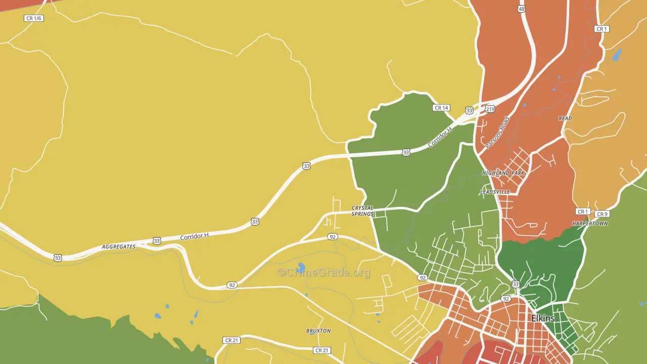 Crystal Springs, WV Map of Robbery Rates