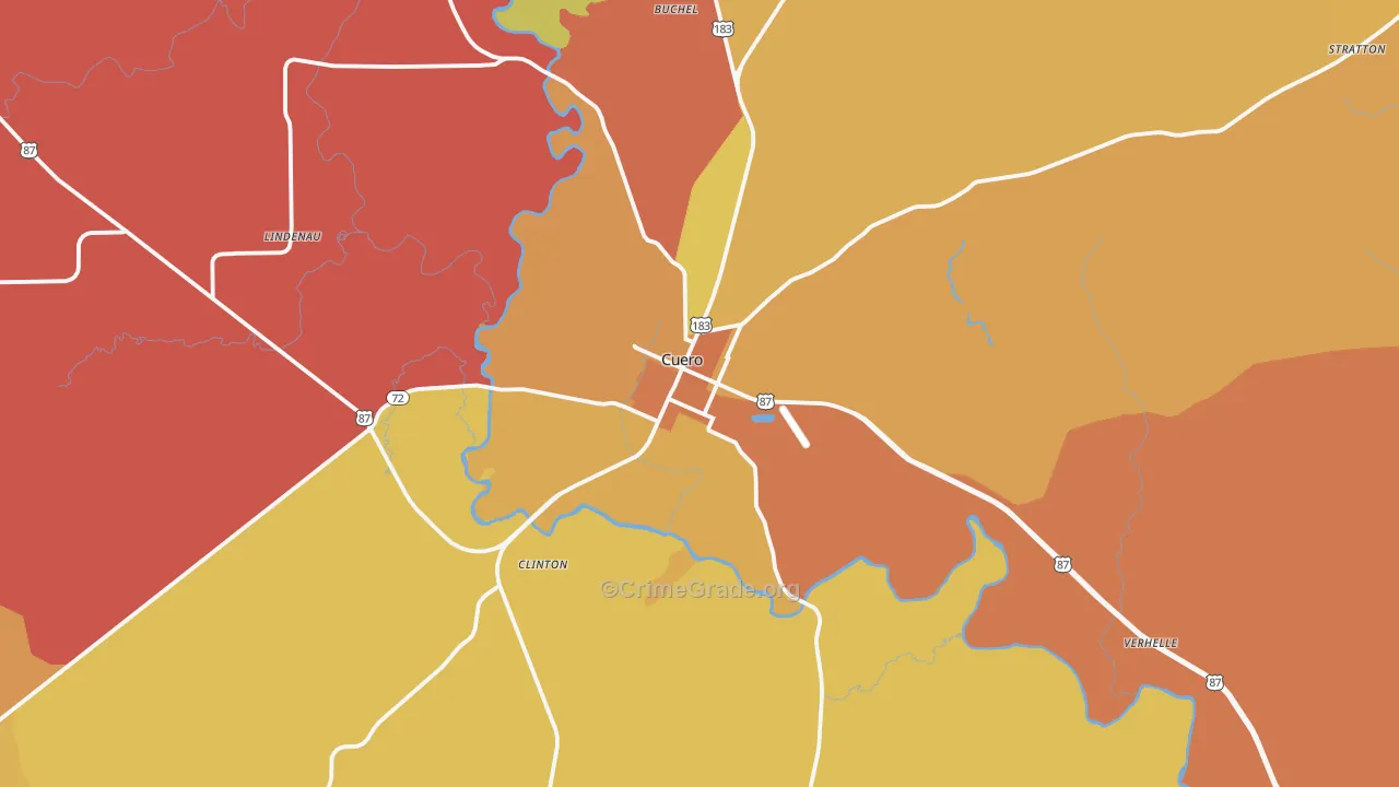 Cuero, TX Map of Robbery Rates