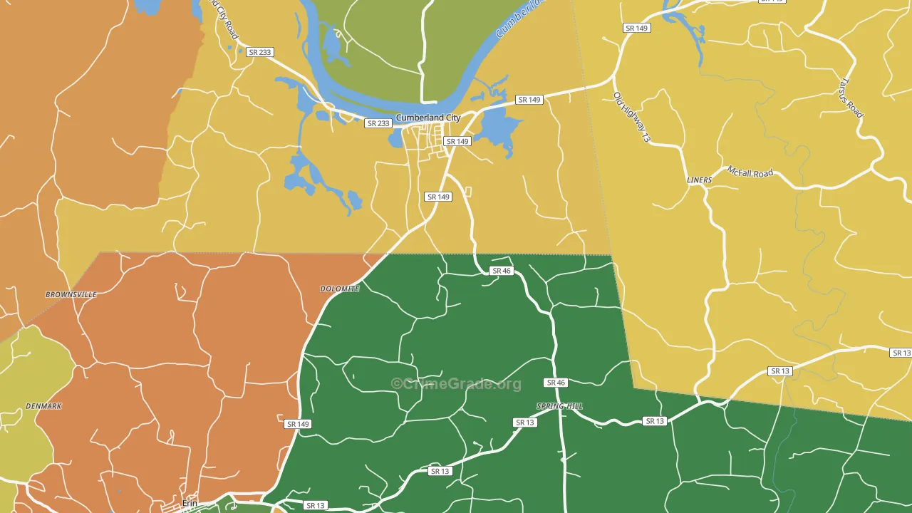 Cumberland City, TN Map of Robbery Rates