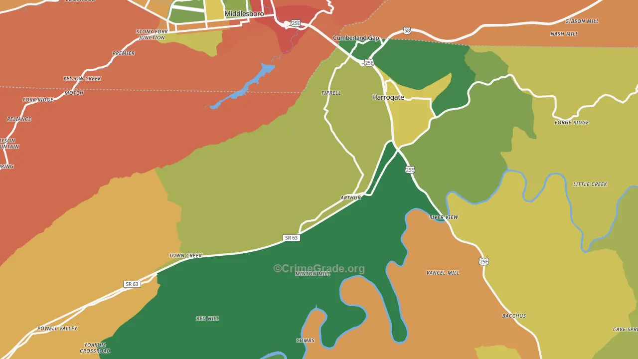 Cumberland Gap, TN Map of Robbery Rates