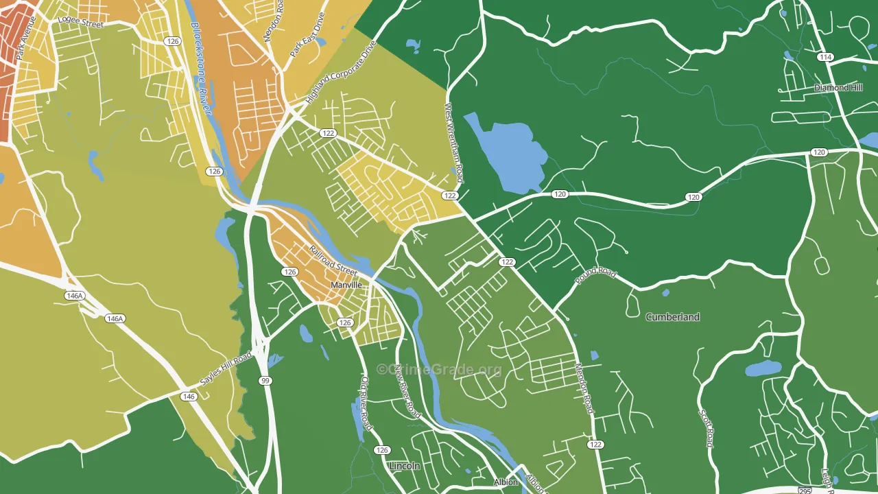 Cumberland Hill, RI Map of Robbery Rates