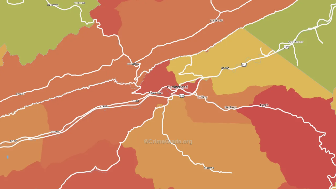 Cumberland, KY Map of Robbery Rates