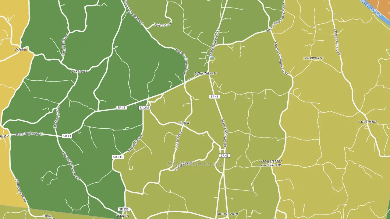 Cunningham, TN Map of Robbery Rates