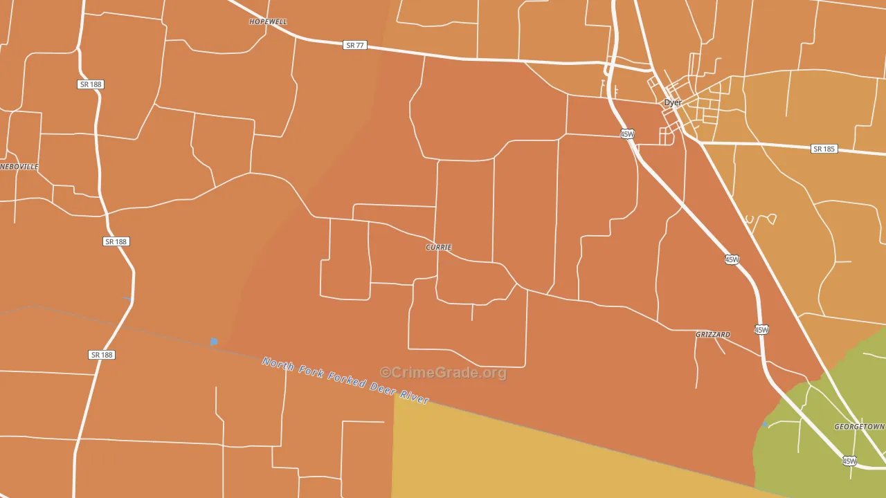 Currie, TN Map of Robbery Rates
