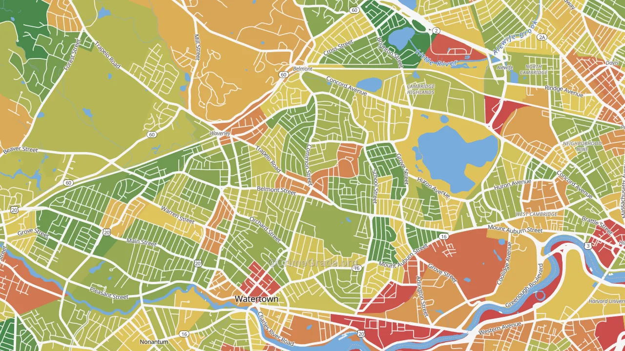 Cushing Square, Belmont, MA Map of Robbery Rates