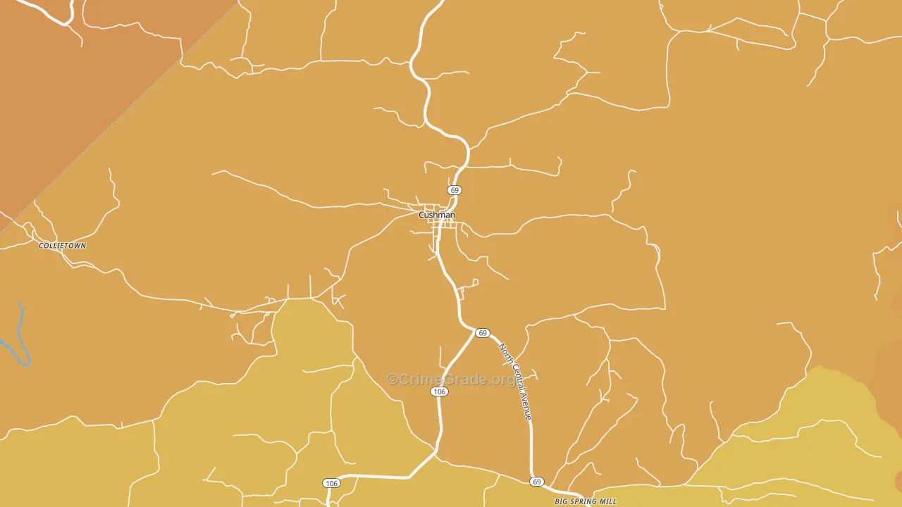 Cushman, AR Map of Robbery Rates
