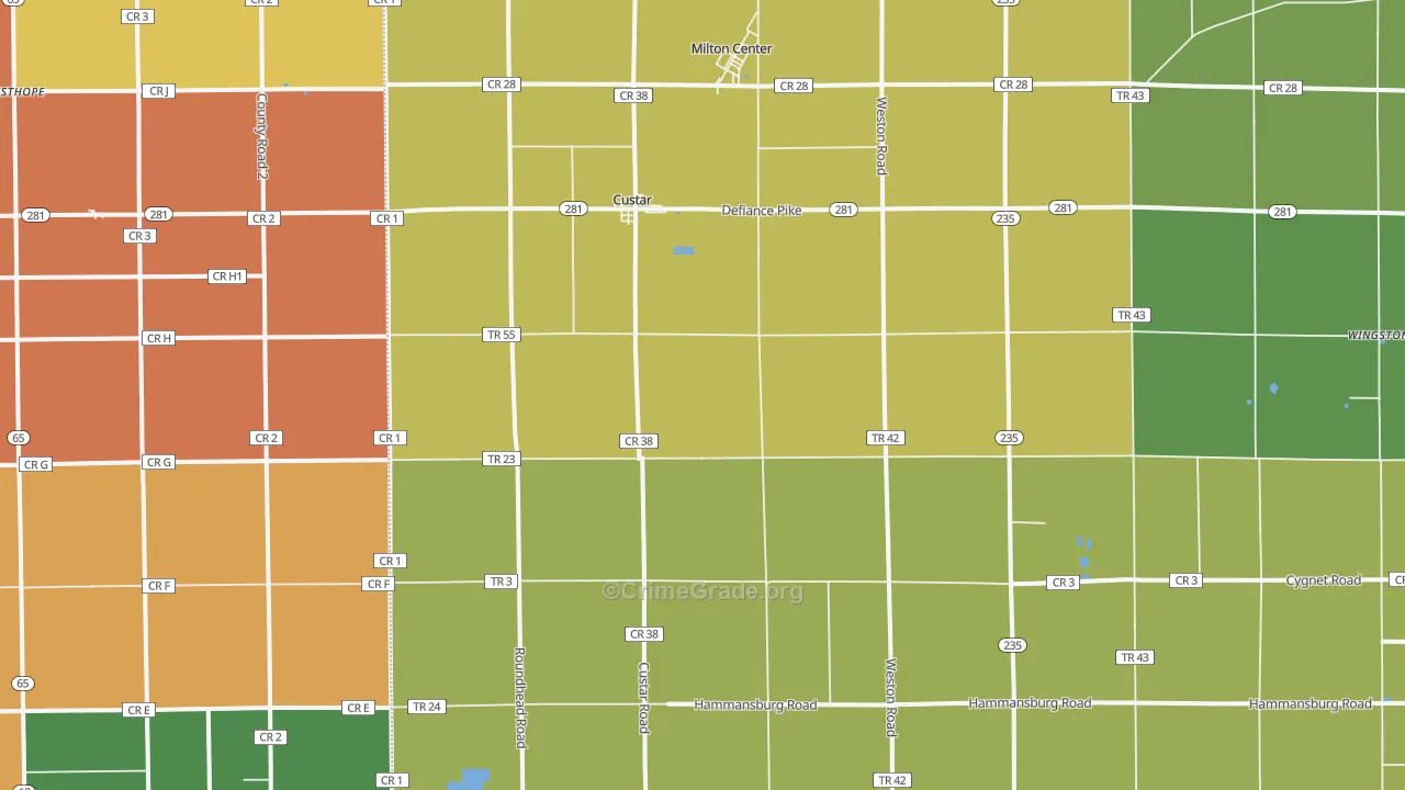 Custar, OH Map of Robbery Rates