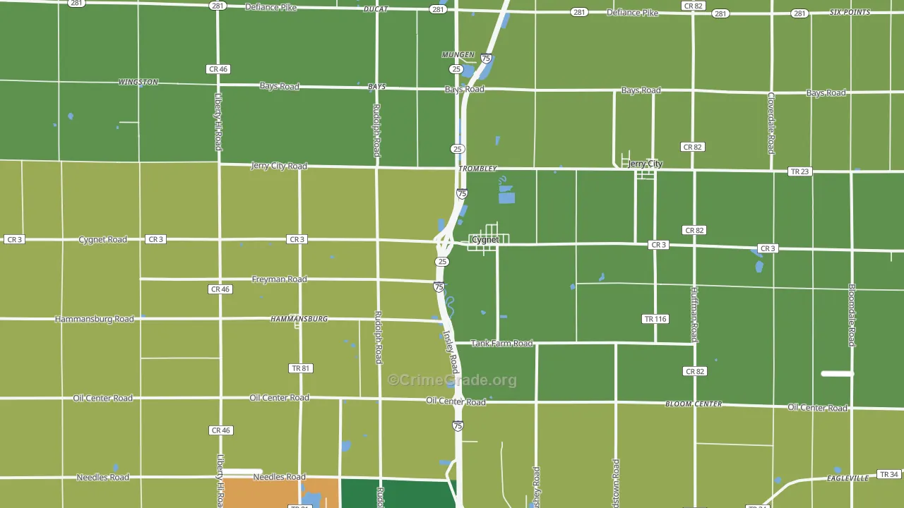 Cygnet, OH Map of Robbery Rates