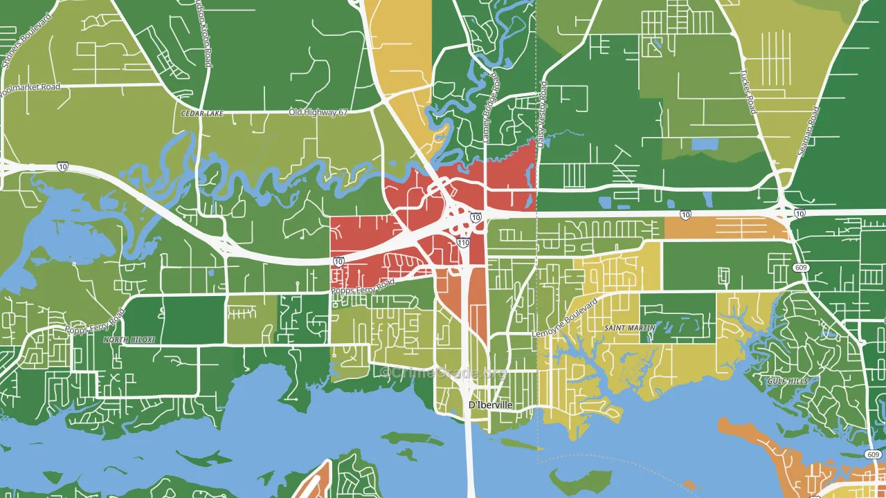 D'Iberville, MS Map of Robbery Rates