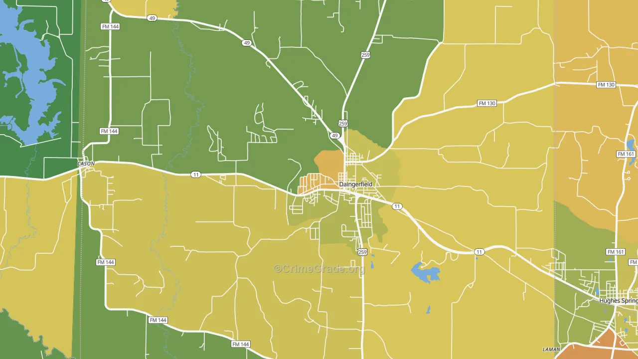 Daingerfield, TX Map of Robbery Rates