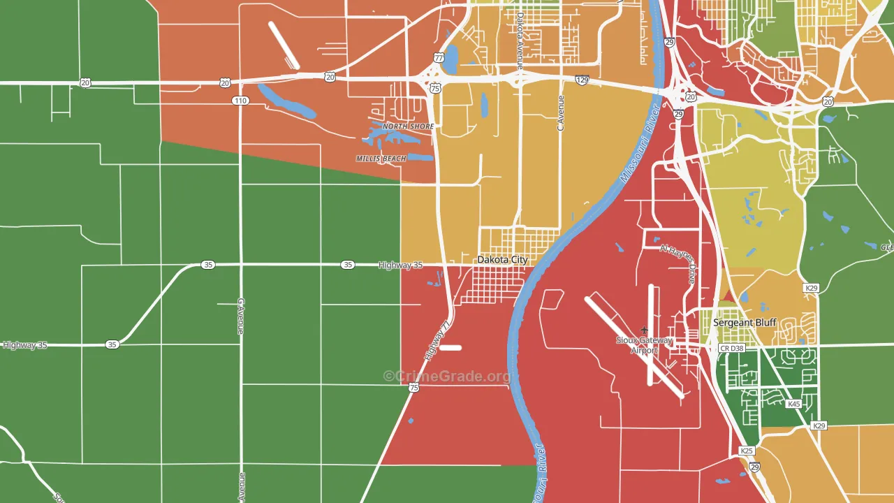 Dakota City, NE Map of Robbery Rates