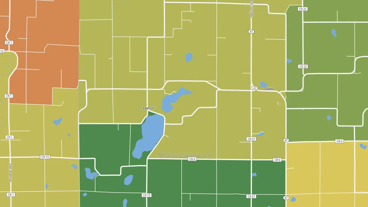 Dalbo, MN Map of Robbery Rates