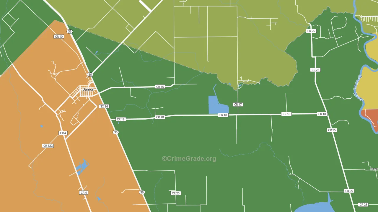 Damon, TX Map of Robbery Rates