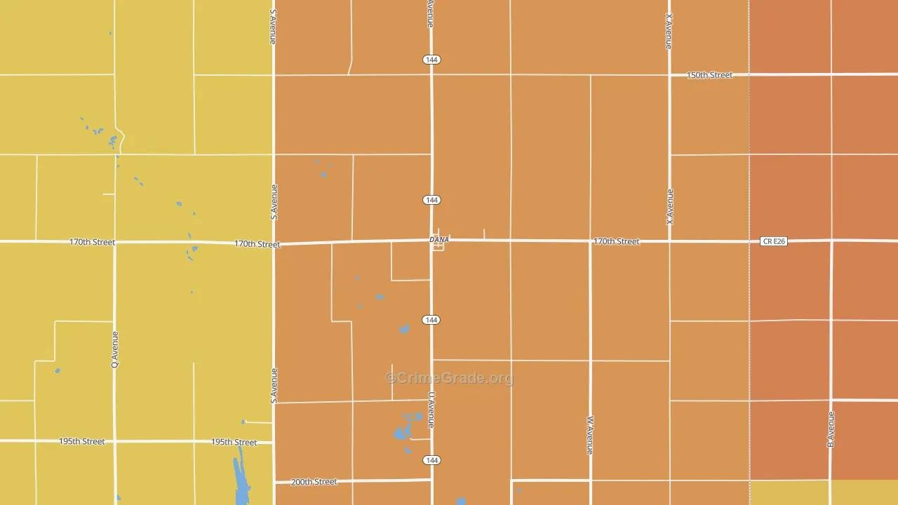 Dana, IA Map of Robbery Rates