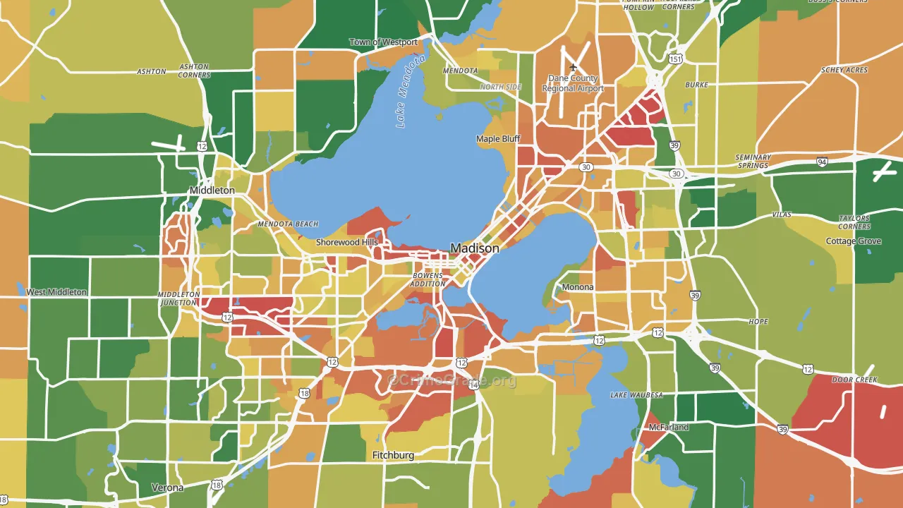 Dane County, WI Map of Robbery Rates
