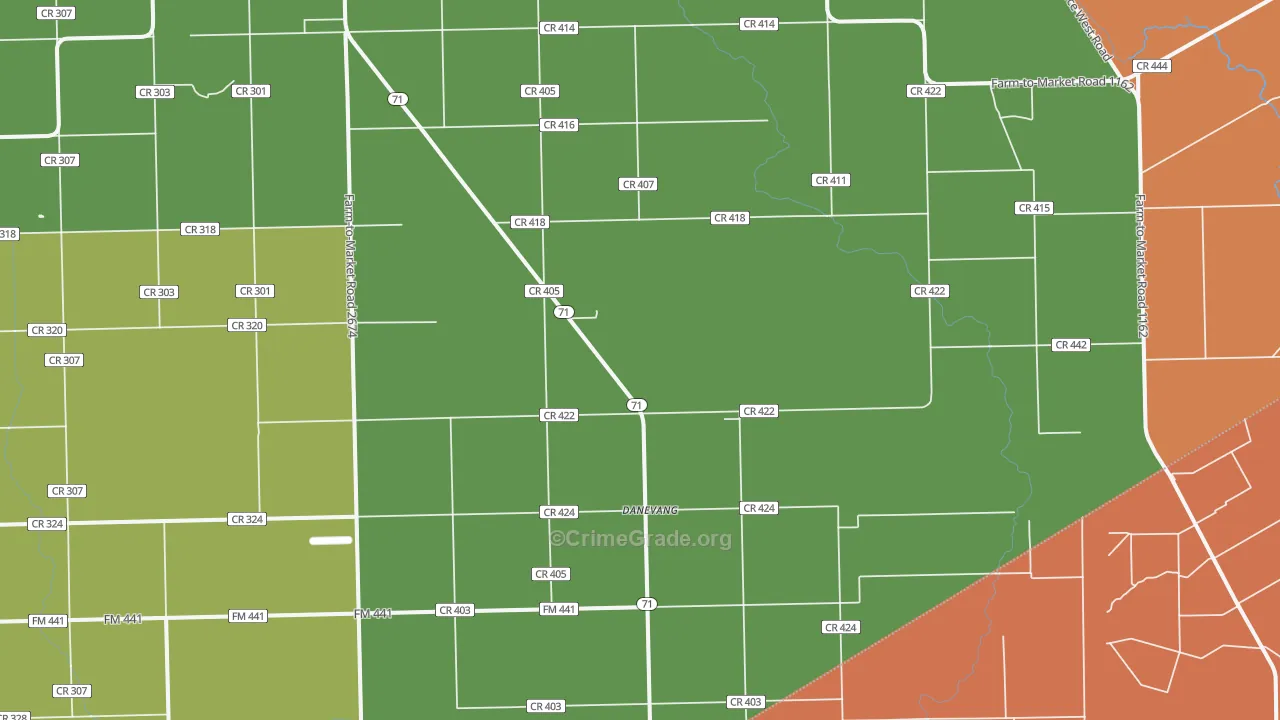 Danevang, TX Map of Robbery Rates