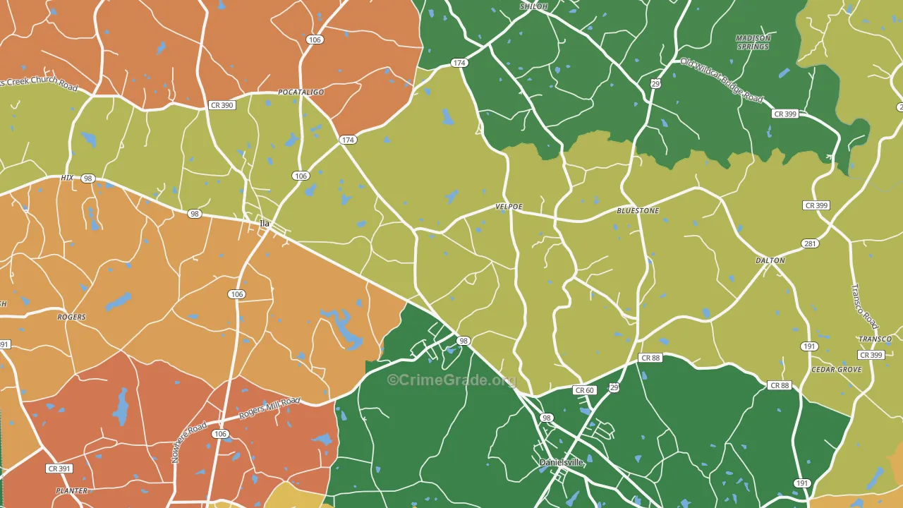 Danielsville, GA Map of Robbery Rates
