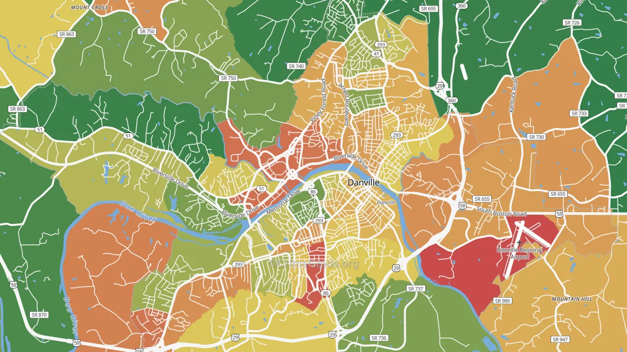 Danville City, VA Map of Robbery Rates