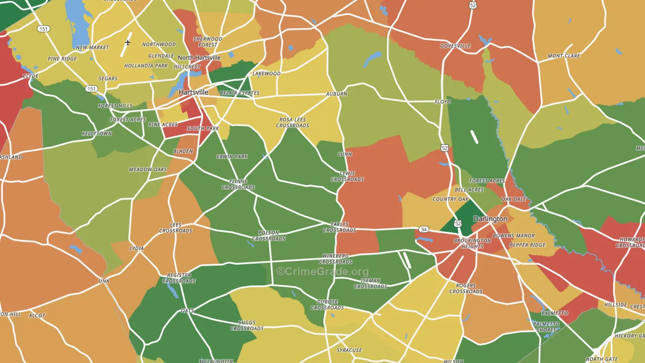 Darlington County, SC Map of Robbery Rates