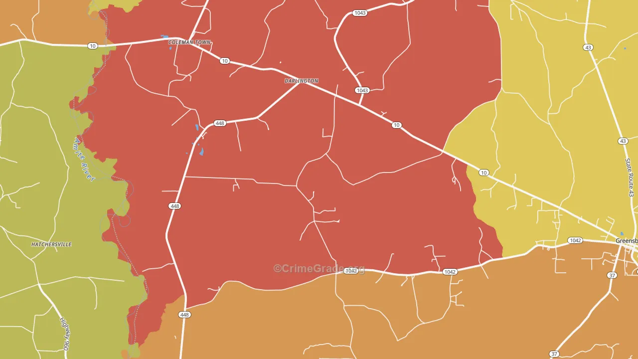 Darlington, LA Map of Robbery Rates