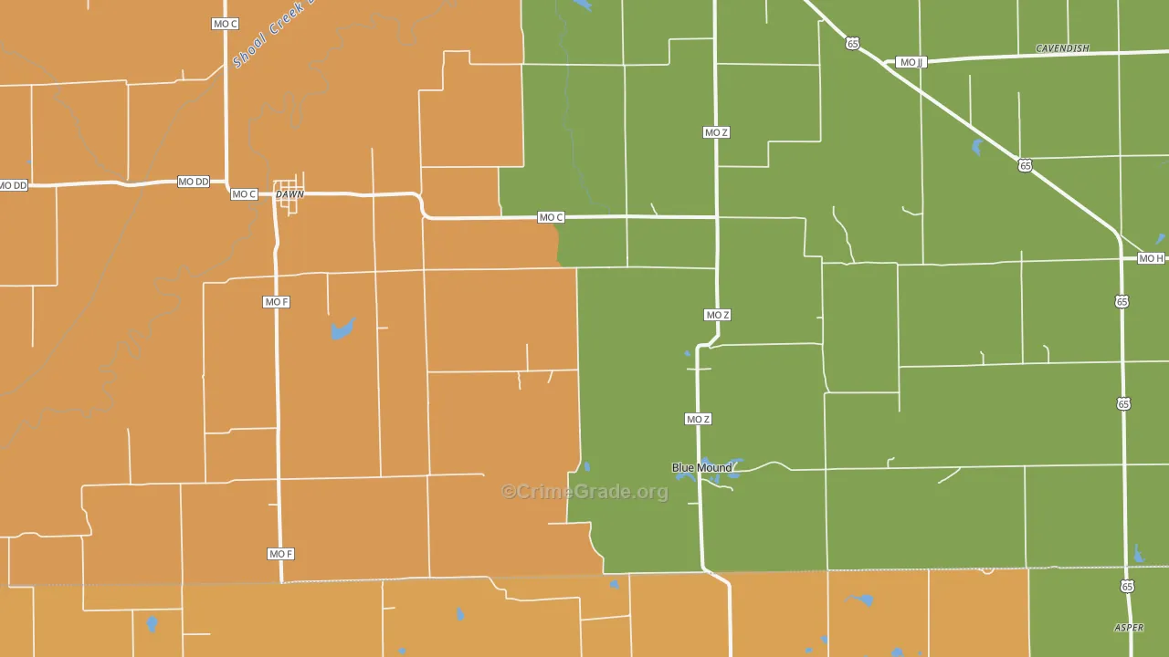 Dawn, MO Map of Robbery Rates