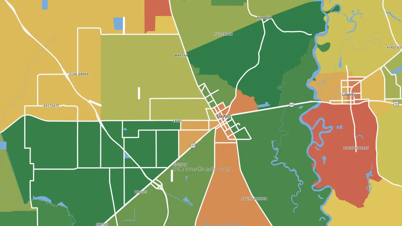 Dayton, TX Map of Robbery Rates