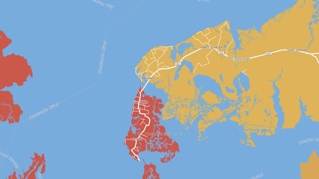 Deal Island, MD Map of Robbery Rates