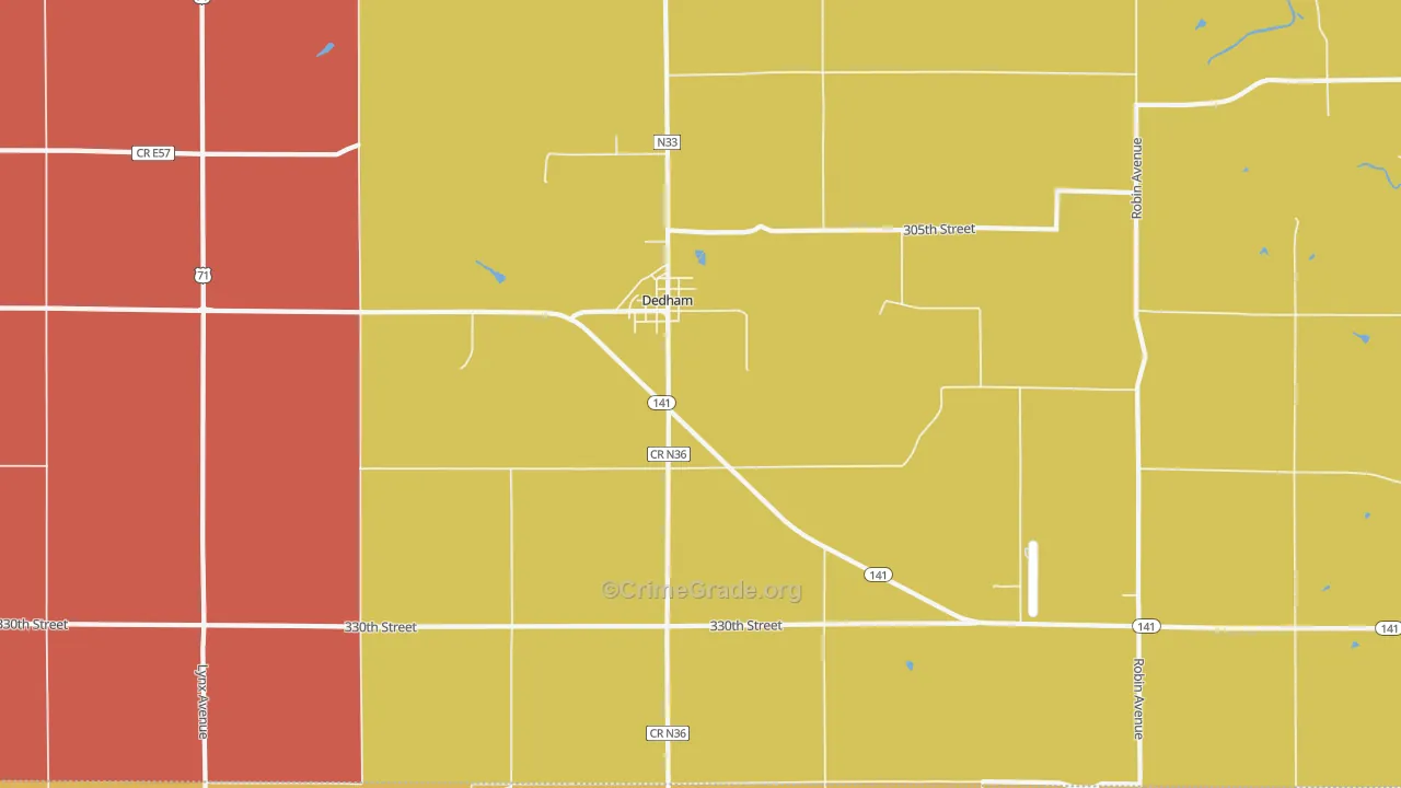 Dedham, IA Map of Robbery Rates