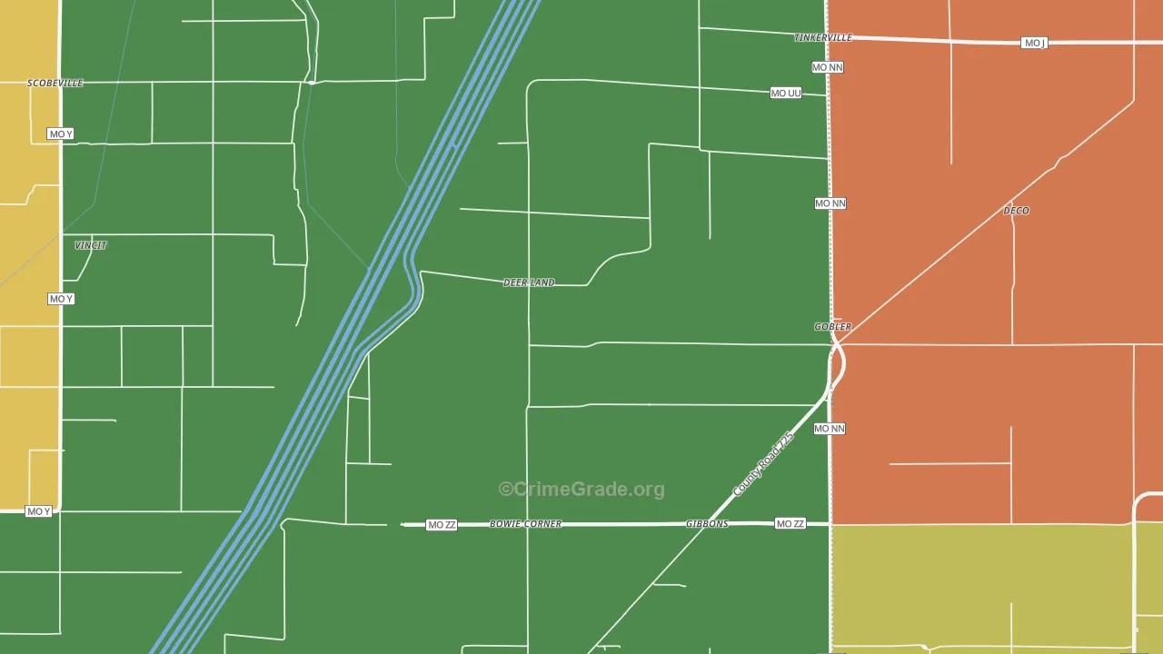 Deer Land, MO Map of Robbery Rates