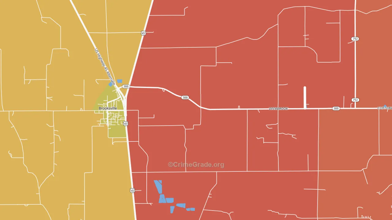 Deerbrook, MS Map of Robbery Rates