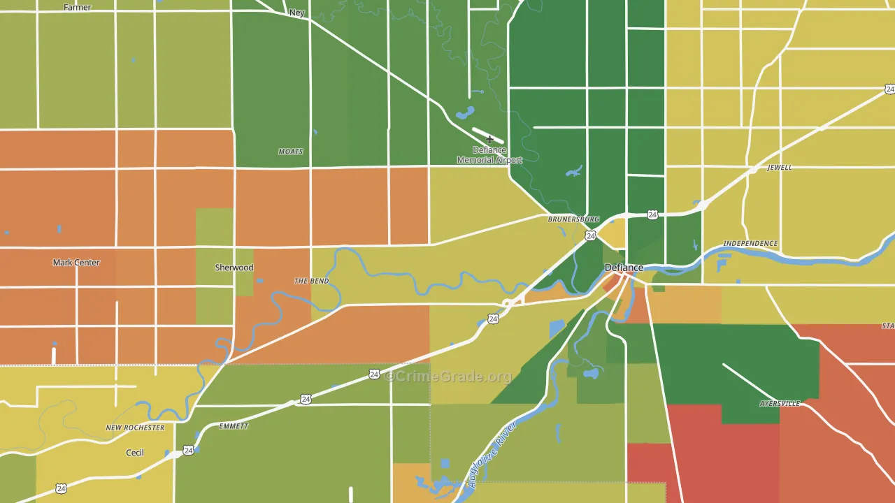 Defiance County, OH Map of Robbery Rates