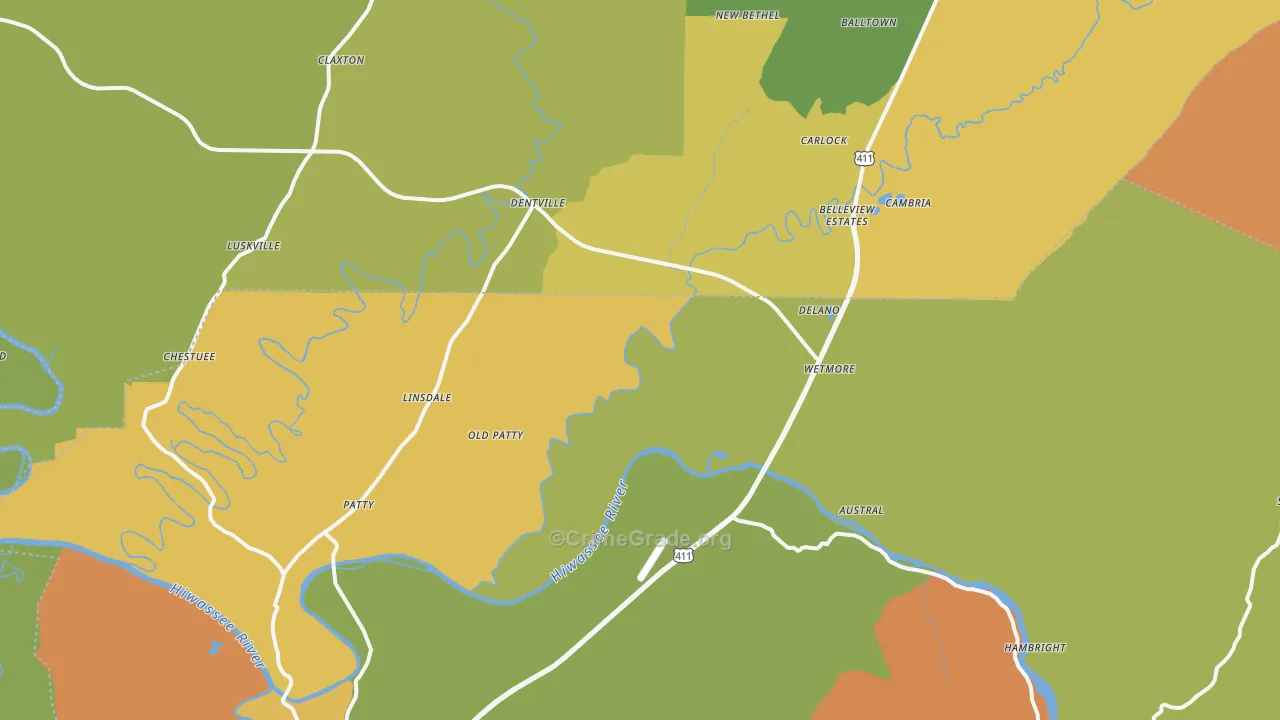 Delano, TN Map of Robbery Rates