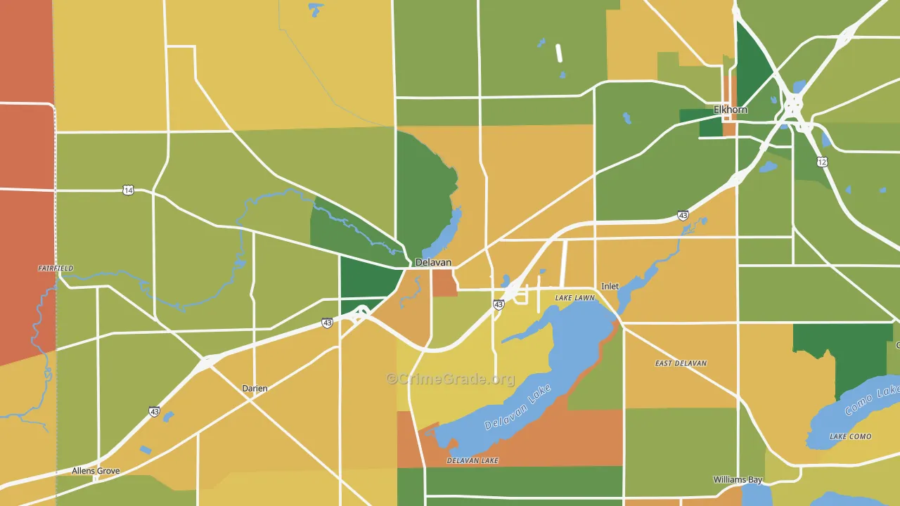 Delavan, WI Map of Robbery Rates