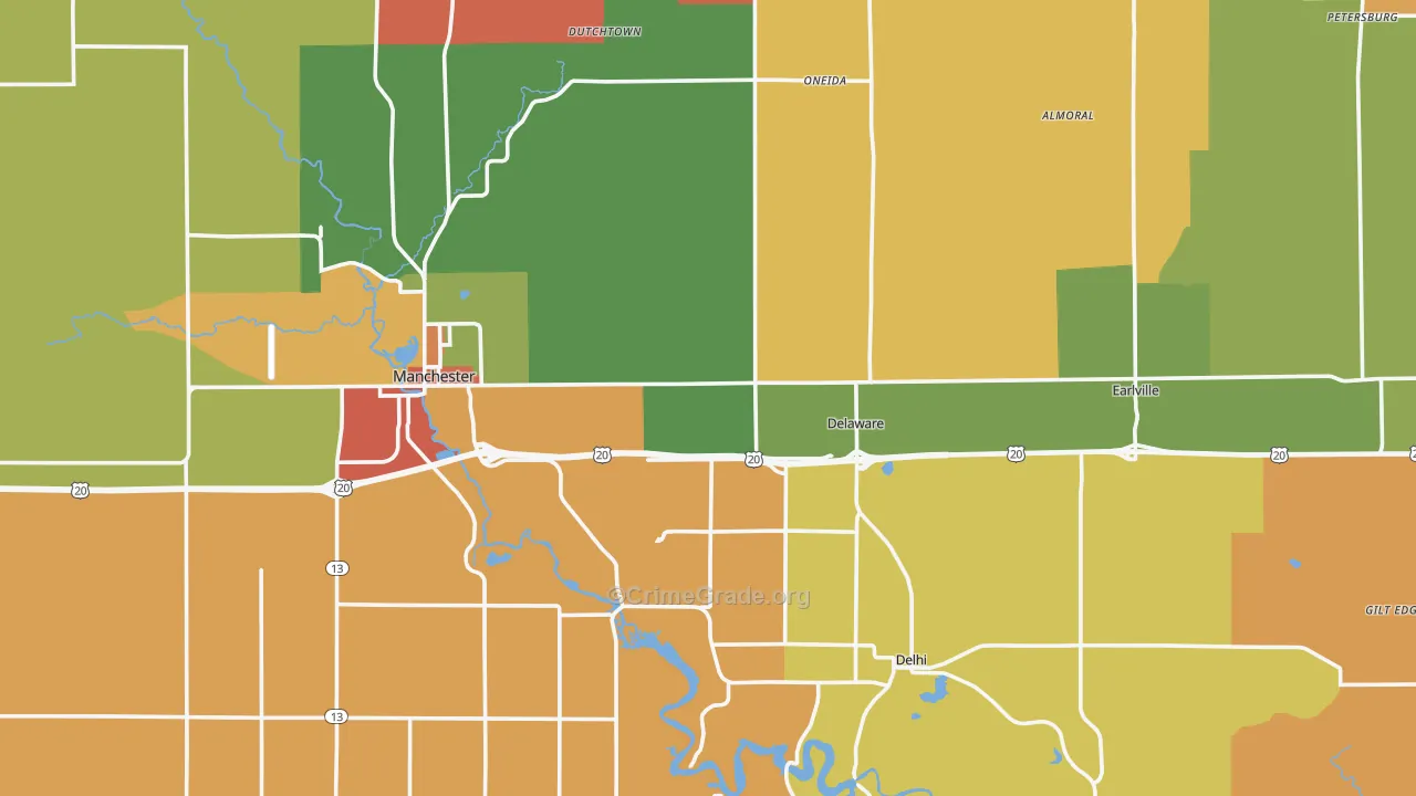 Delaware County, IA Map of Robbery Rates