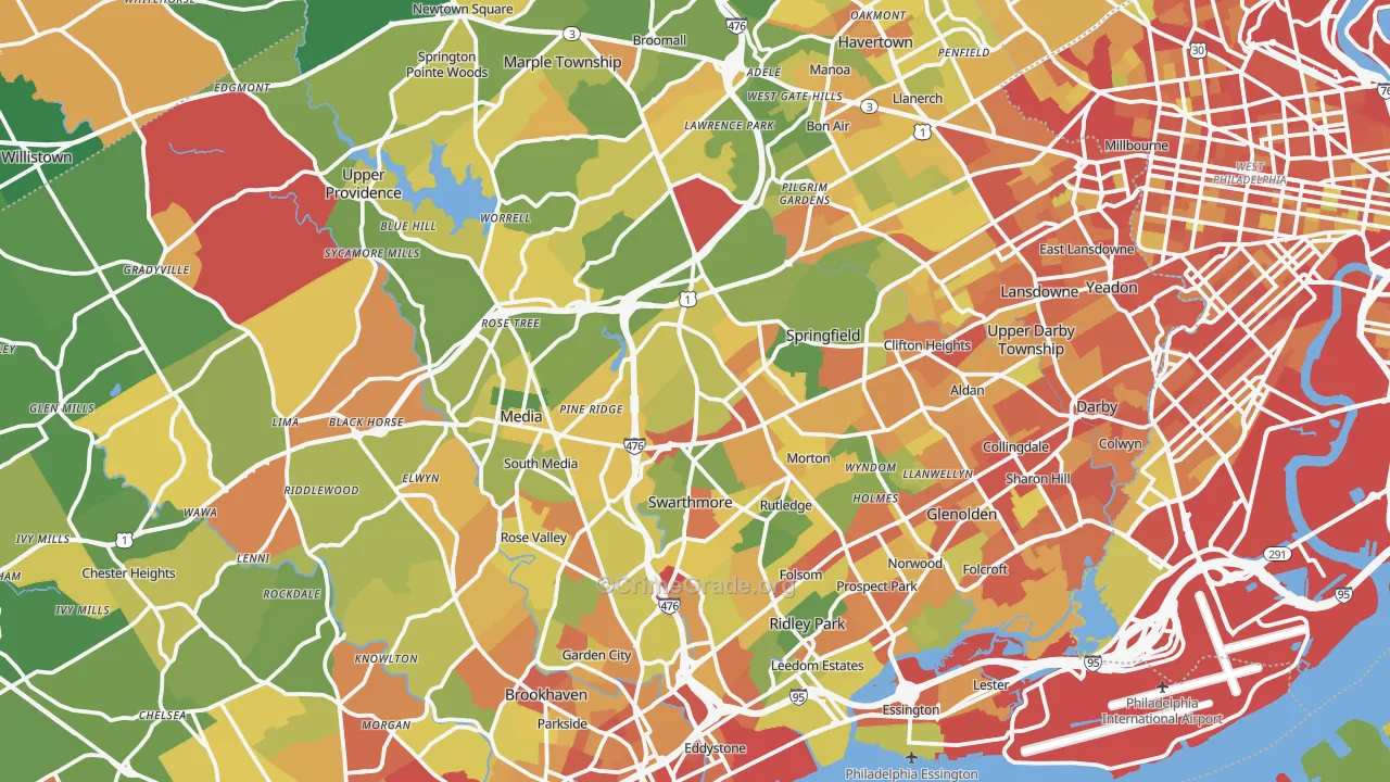Delaware County, PA Map of Robbery Rates