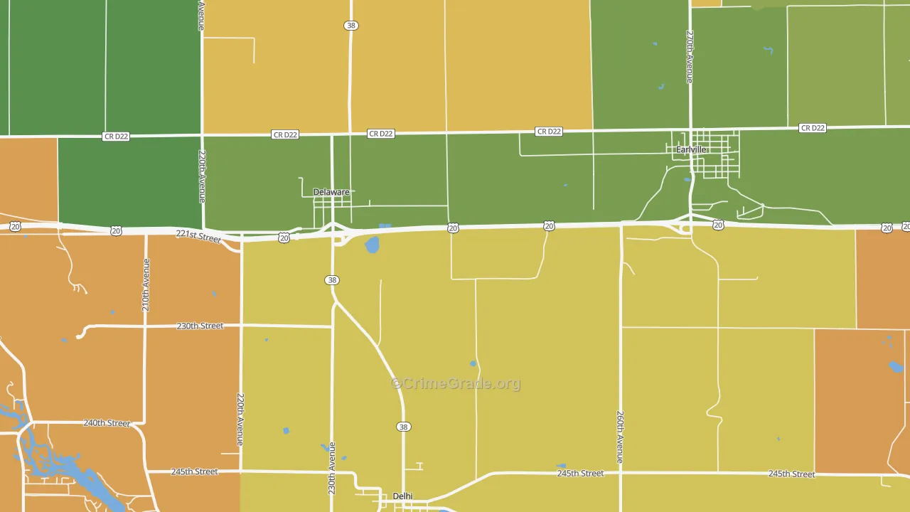 Delaware, IA Map of Robbery Rates