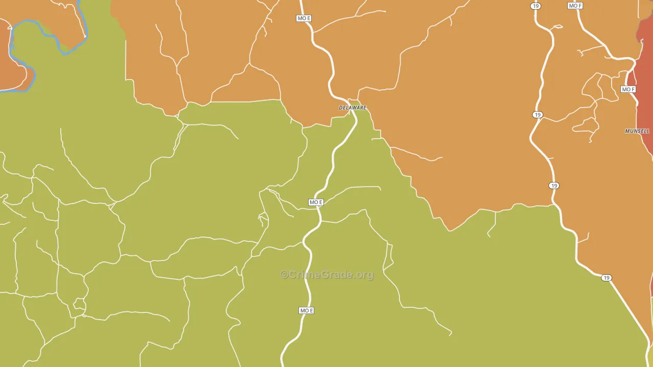 Delaware, MO Map of Robbery Rates