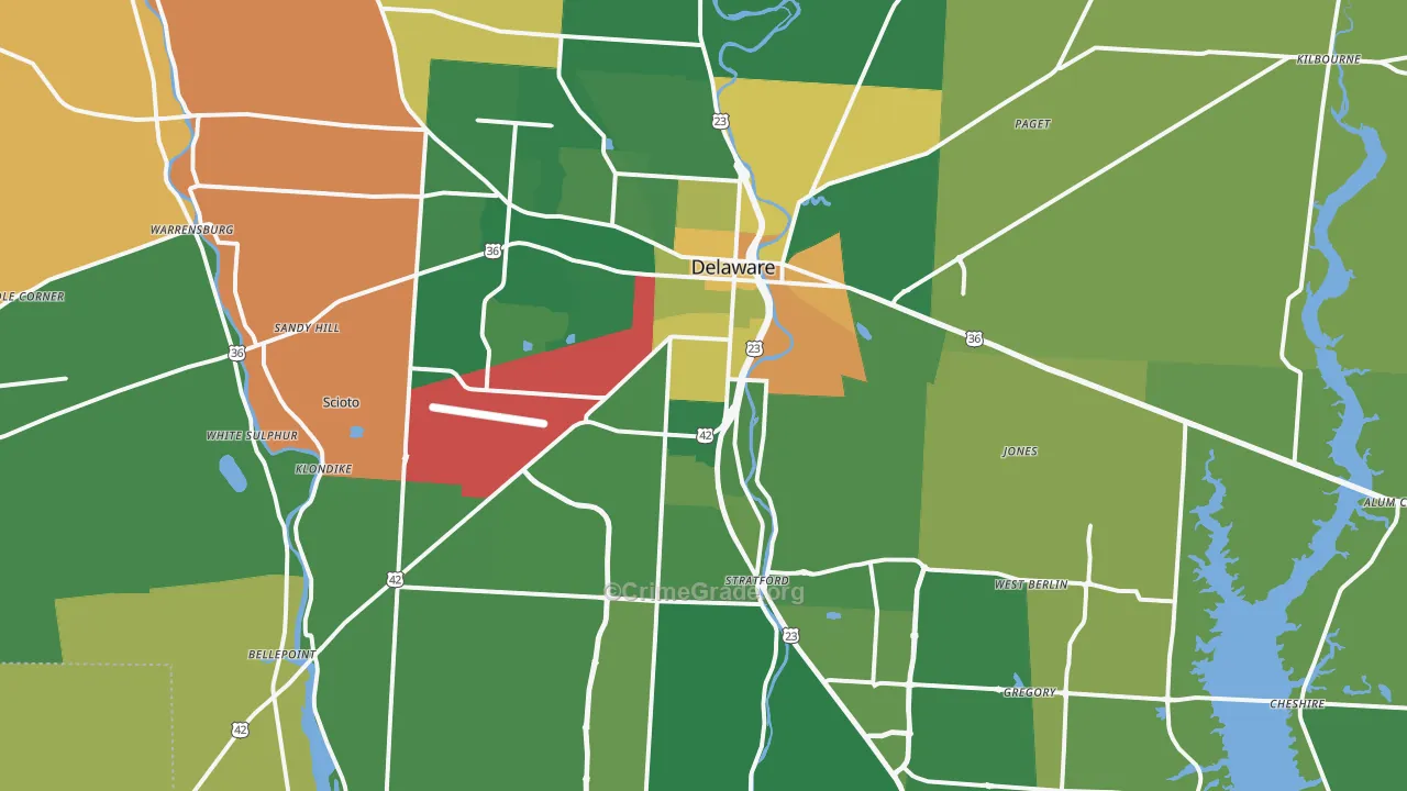 Delaware, OH Map of Robbery Rates