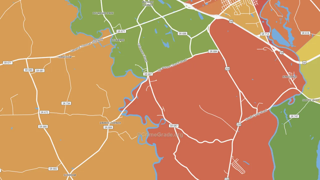 Delaware, VA Map of Robbery Rates