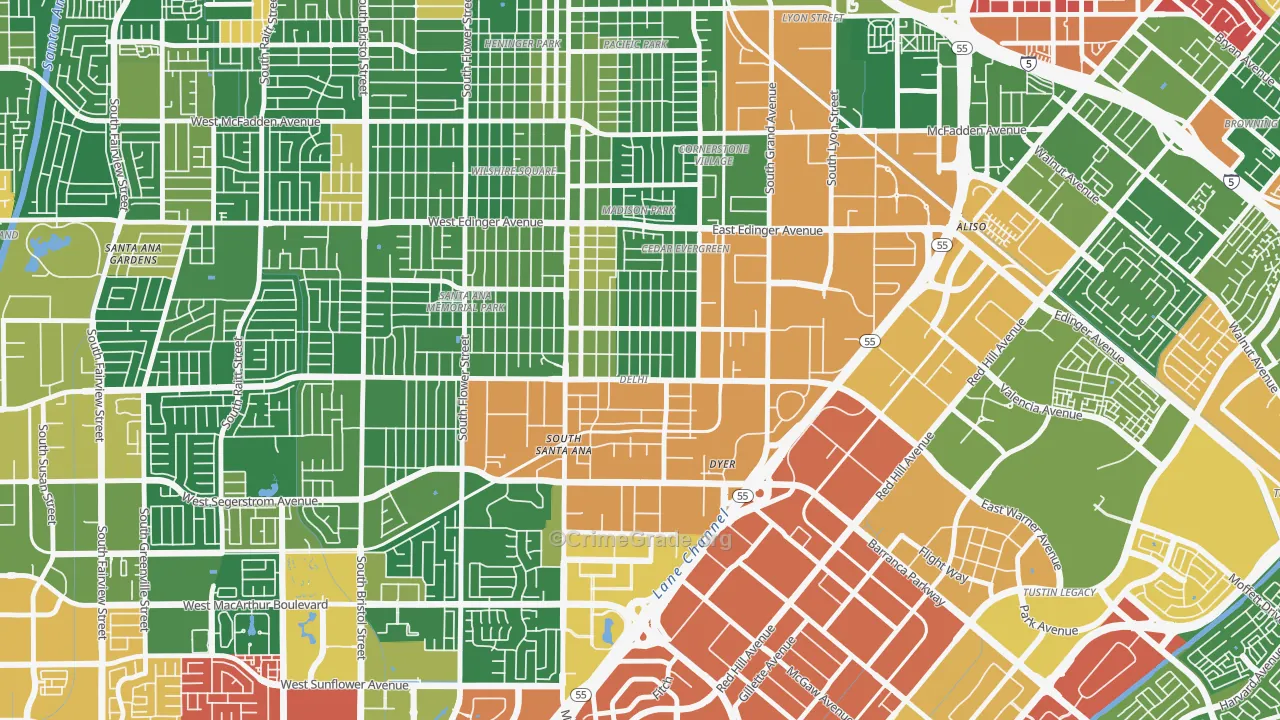 Delhi, Santa Ana, CA Map of Robbery Rates