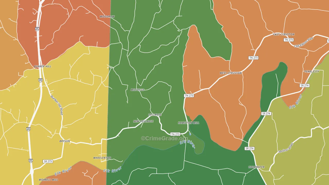 Dellrose, TN Map of Robbery Rates