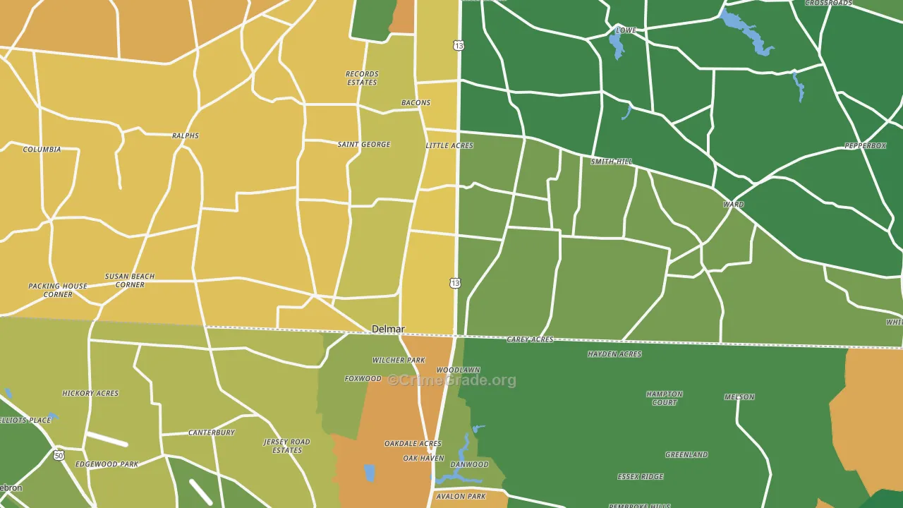 Delmar, DE Map of Robbery Rates