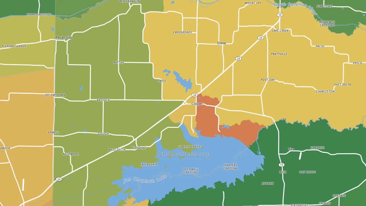 Delta County, TX Map of Robbery Rates