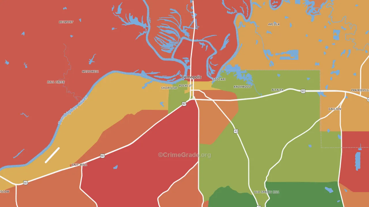 Demopolis, AL Map of Robbery Rates