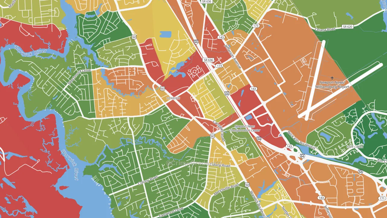 Denbigh, Newport News, VA Map of Robbery Rates