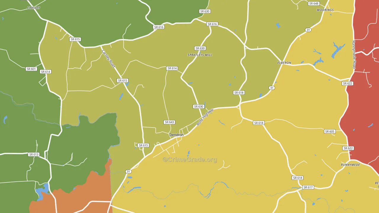 Dendron, VA Map of Robbery Rates