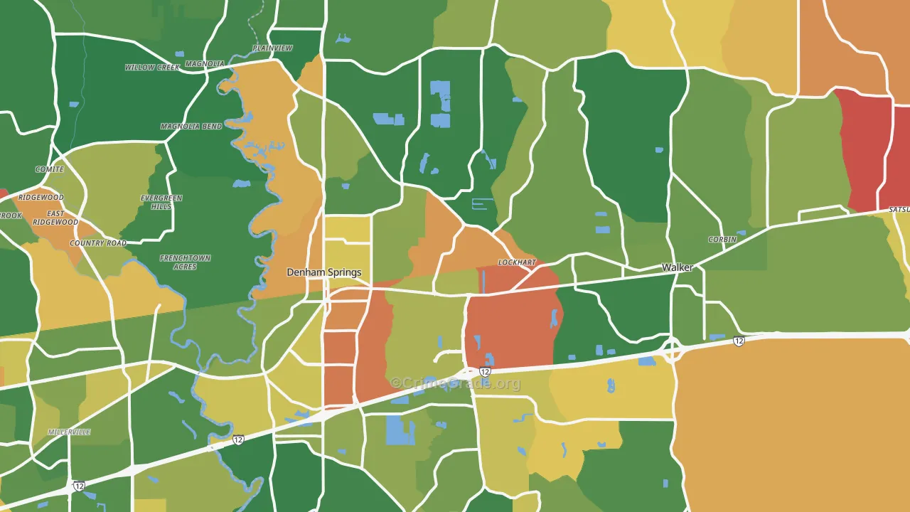 Denham Springs, LA Map of Robbery Rates