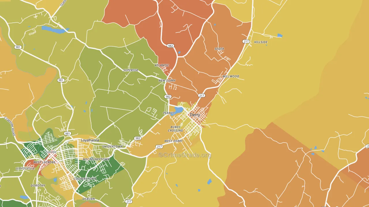 Derry, PA Map of Robbery Rates