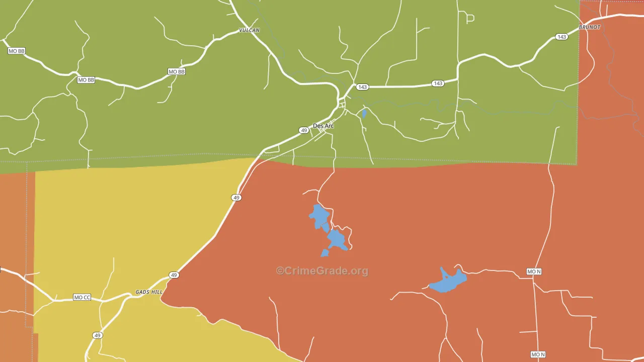 Des Arc, MO Map of Robbery Rates