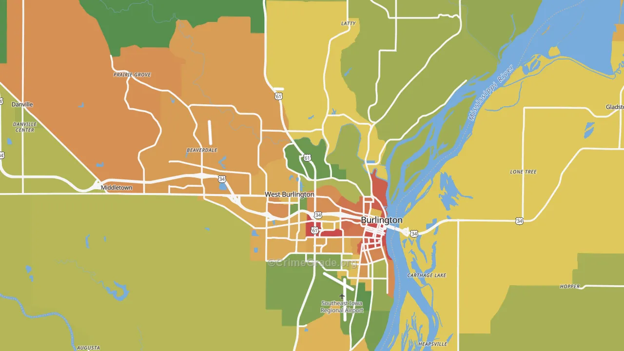 Des Moines County, IA Map of Robbery Rates